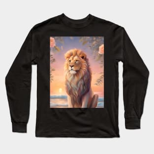 Floral Lion With Beach Sunset Pastel Long Sleeve T-Shirt